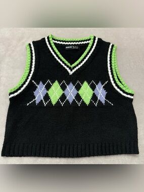 SHEIN Argyle Knit Sweater Vest Black Green Lavender V-Neck Cropped Size Small